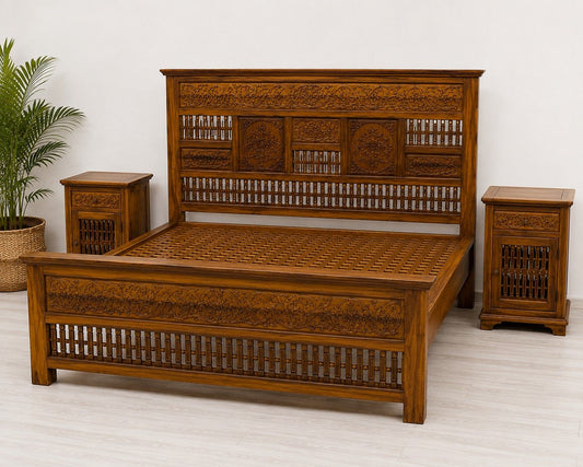 Hand-Carved Wooden Bed with Matching Side Tables