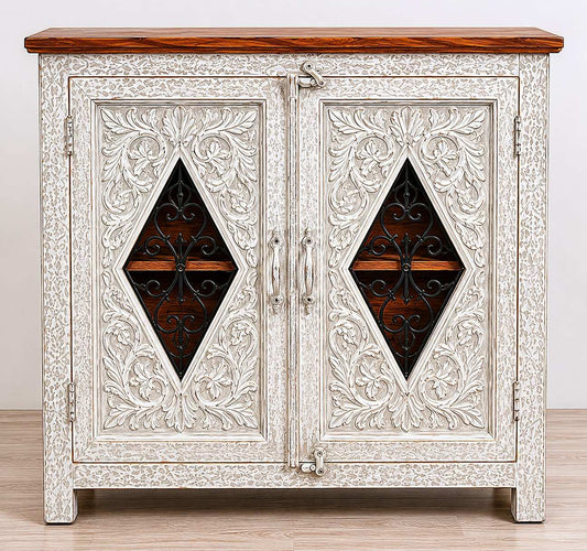 Hand-Carved Whitewash Storage Cabinet