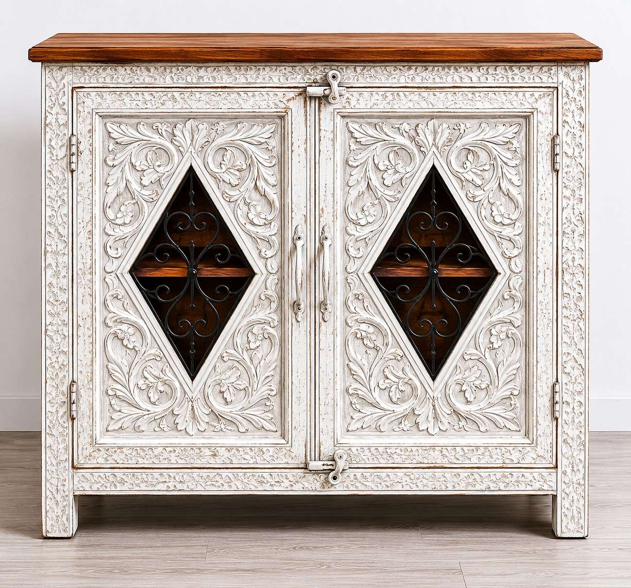 Hand-Carved Whitewash Storage Cabinet