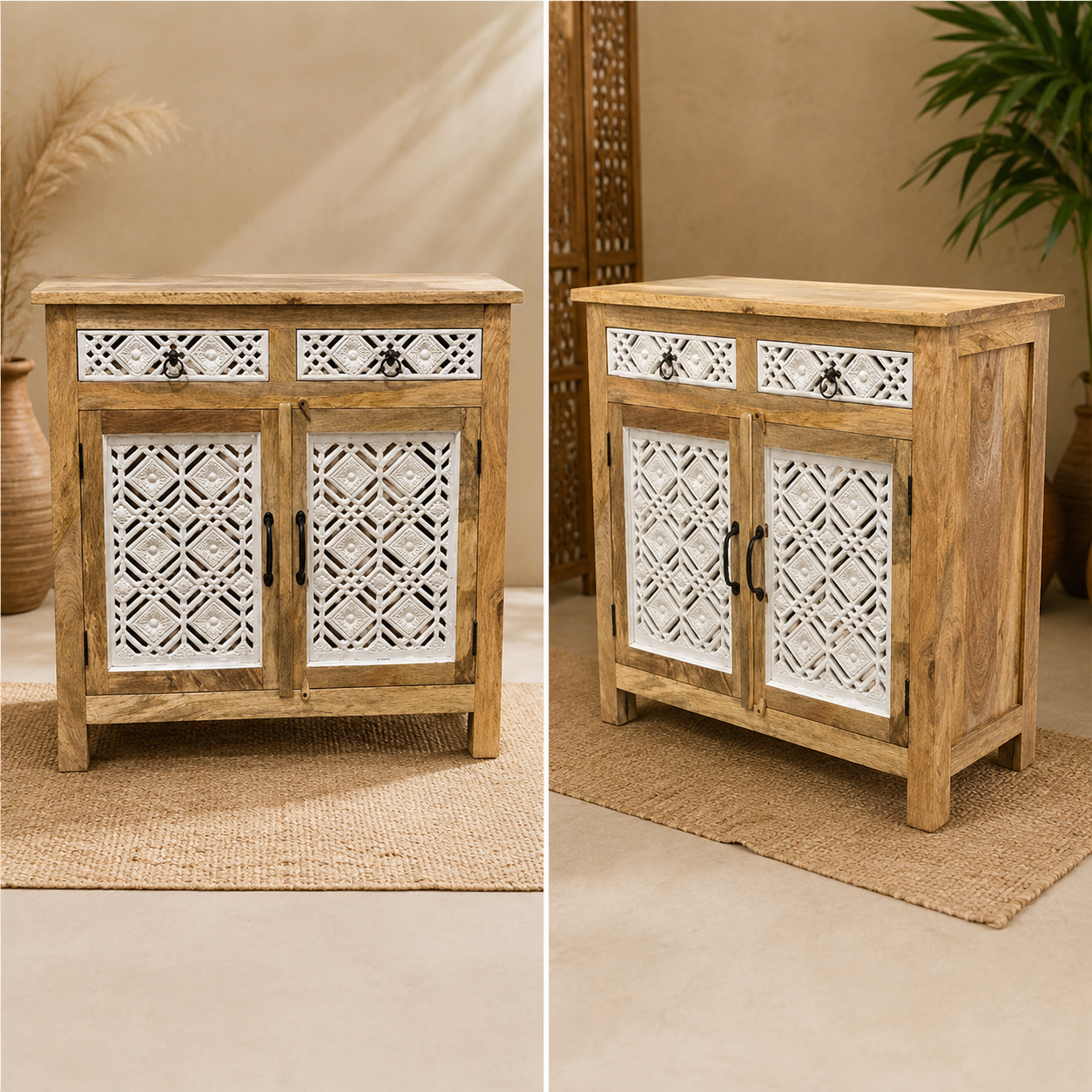Rustic Wooden Cabinet with Carved Panel Doors