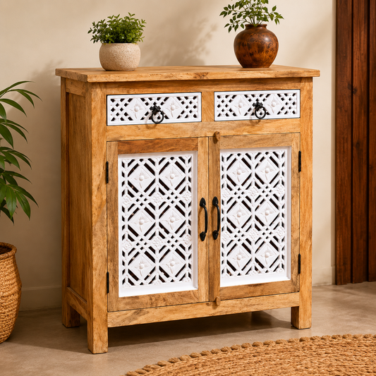 Rustic Wooden Cabinet with Carved Panel Doors