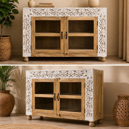 Hand-Carved Display Cabinet with Glass Doors