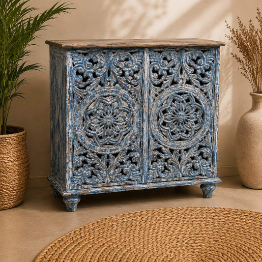 Hand-Carved Blue Wash Storage Cabinet