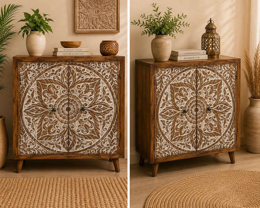 Hand-Carved Floral Mandala Storage Cabinet