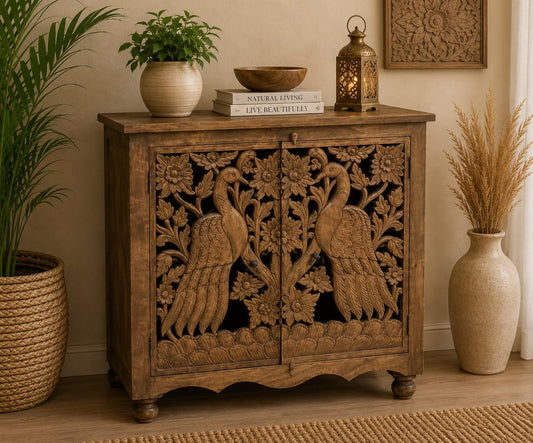 Hand-Carved Peacock Storage Cabinet