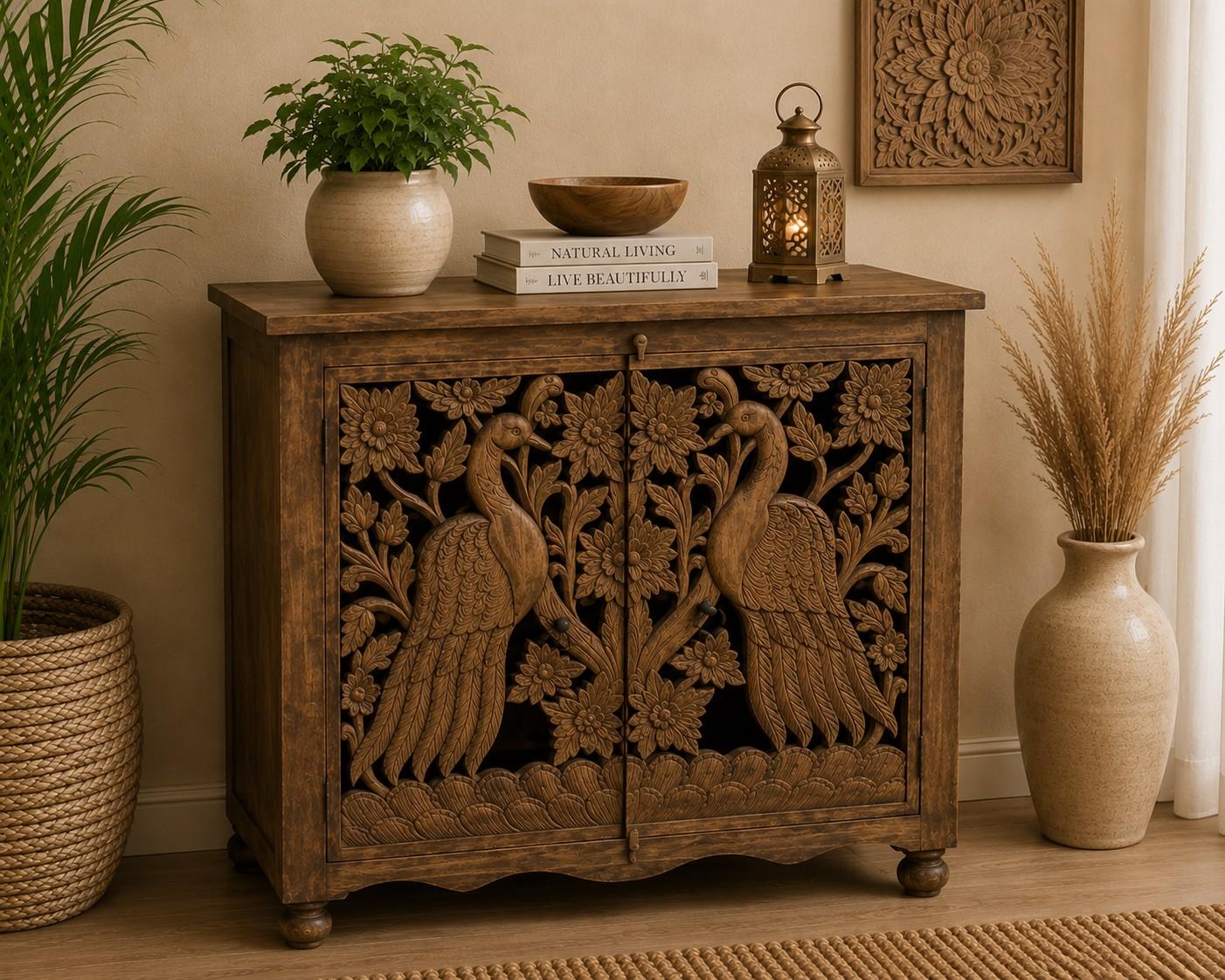 Hand-Carved Peacock Storage Cabinet