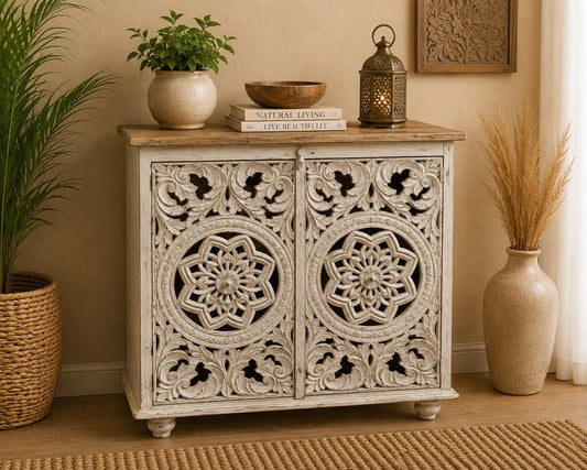 Hand-Carved White Floral Storage Cabinet