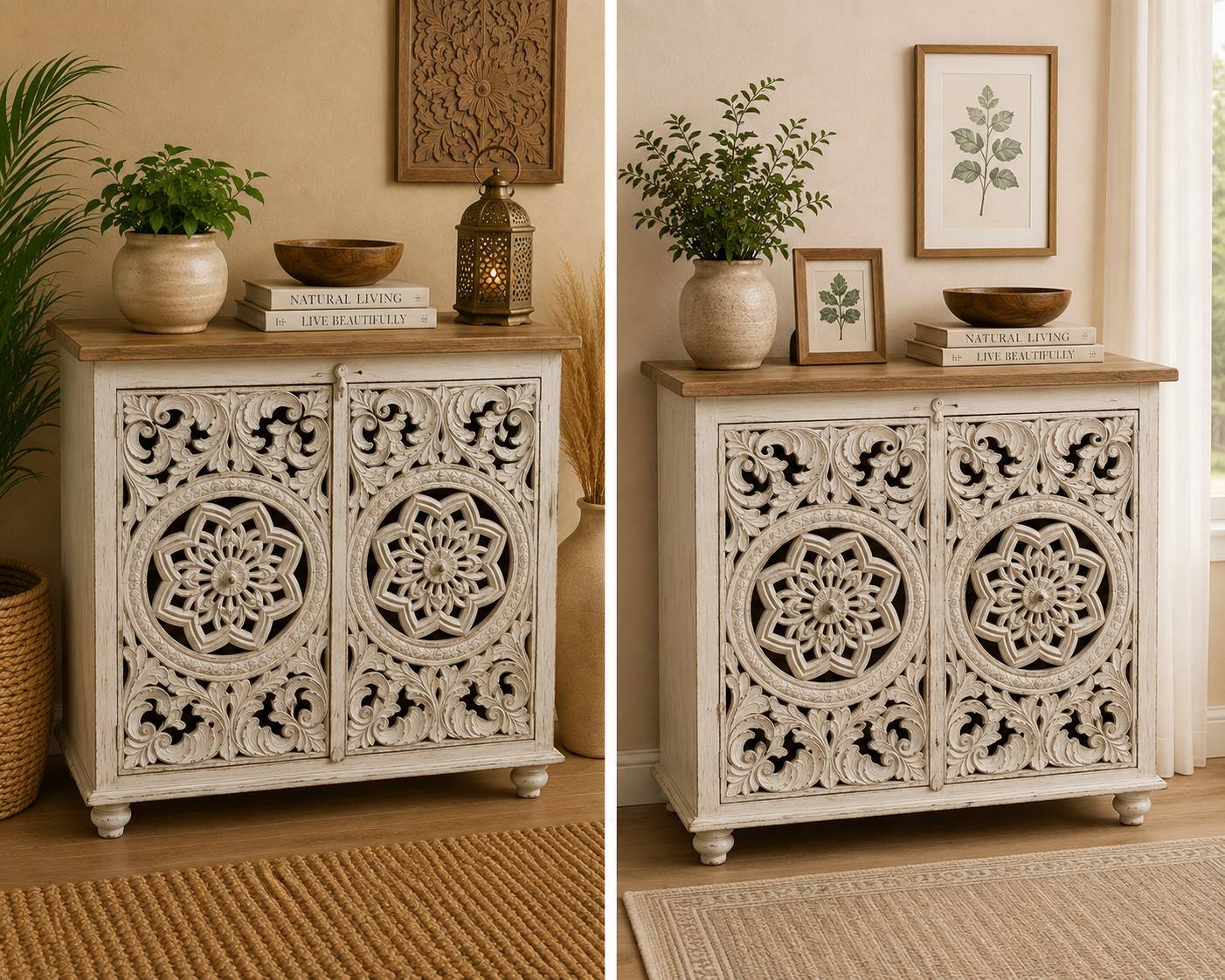 Hand-Carved White Floral Storage Cabinet