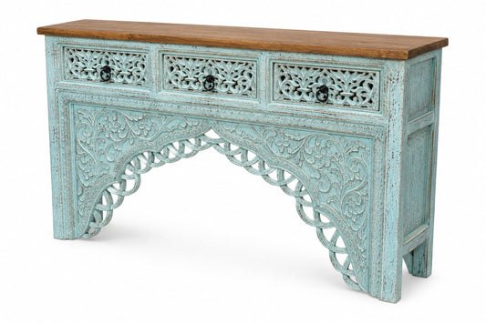 Hand-Carved Distressed Console Table with Drawers