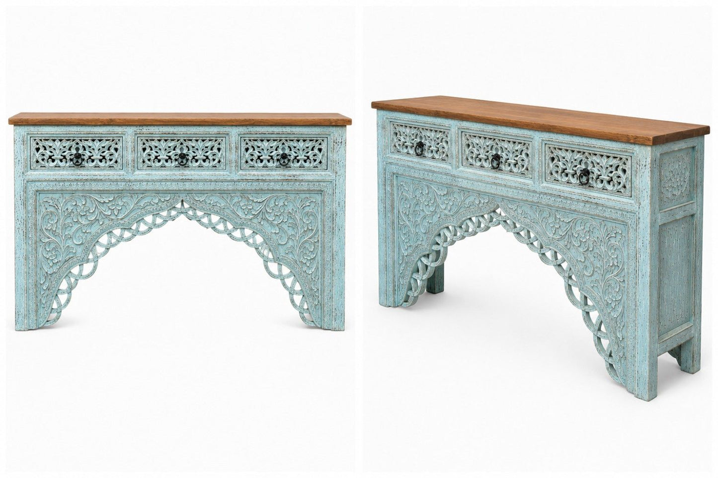 Hand-Carved Distressed Console Table with Drawers