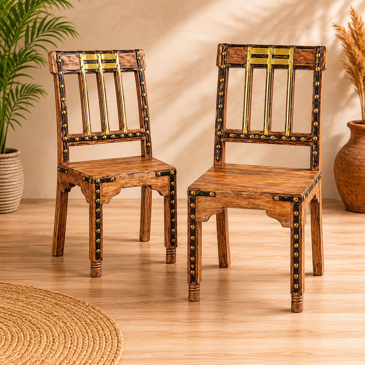 Rustic Wooden Dining Chair with Brass Accent Detailing