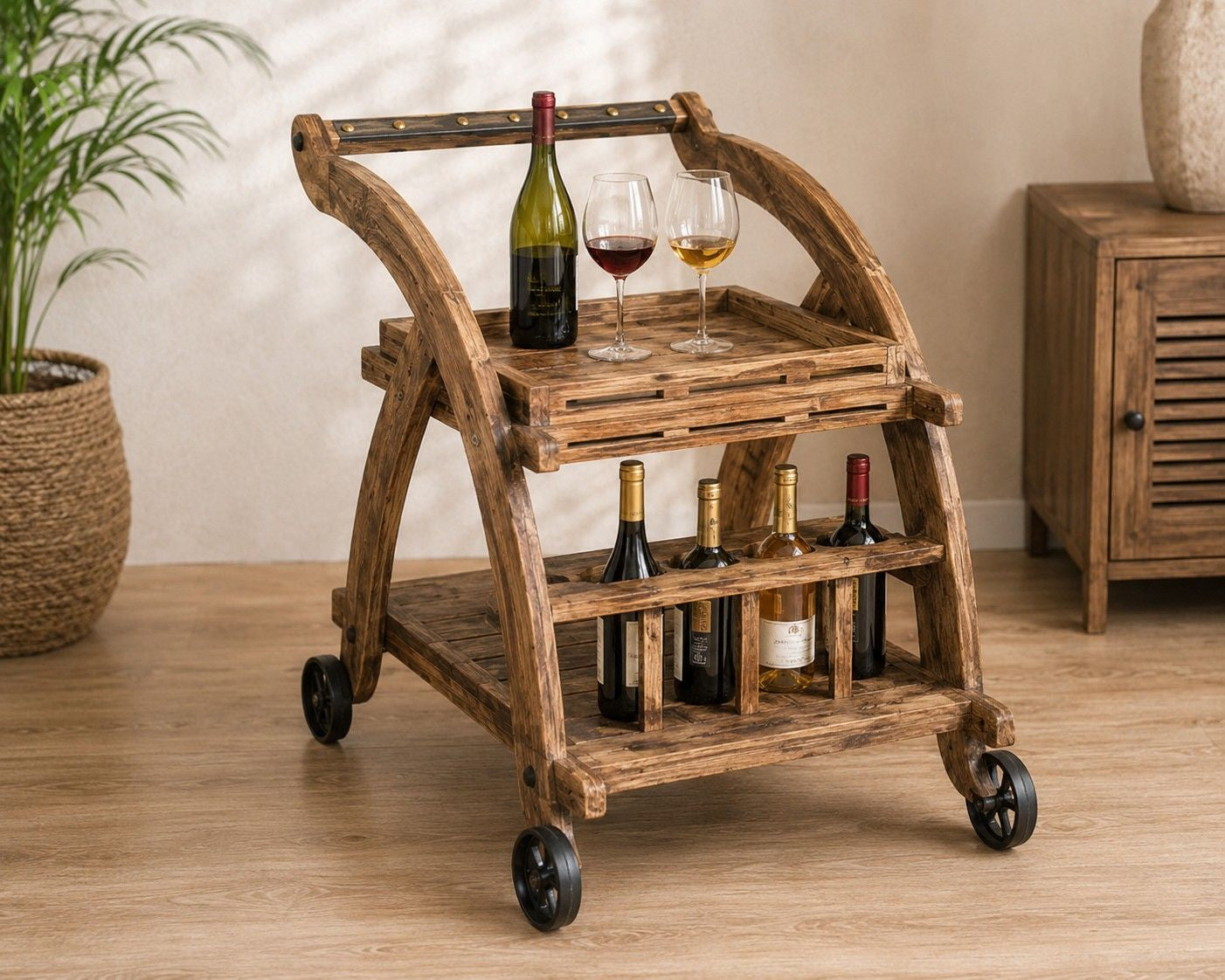 Rustic Wooden Bar Trolley with Storage Shelves