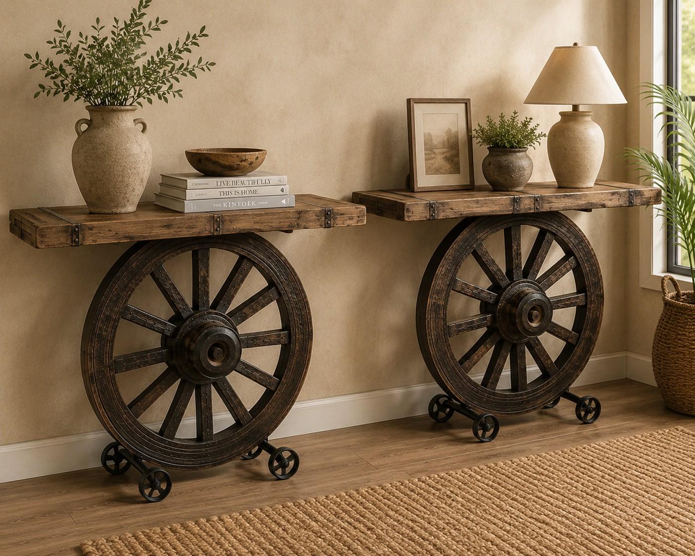 Vintage Cart Wheel Console Table