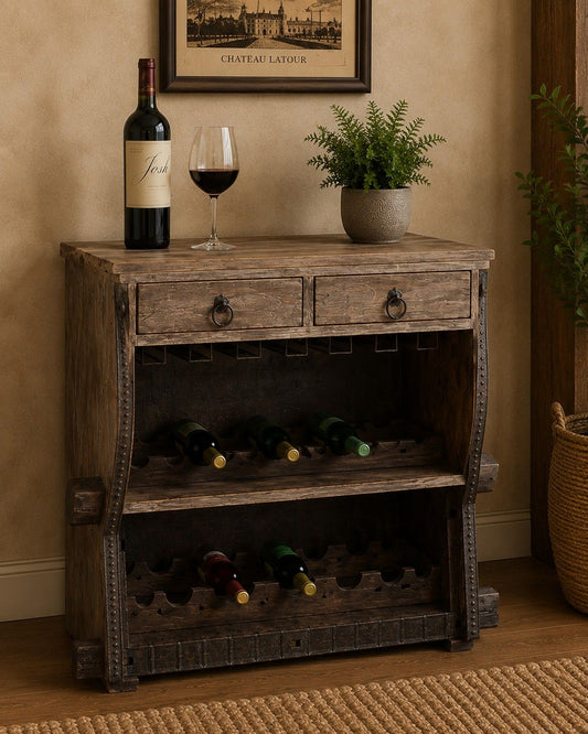 Rustic Wooden Wine Bar Cabinet with Roll-Top Door