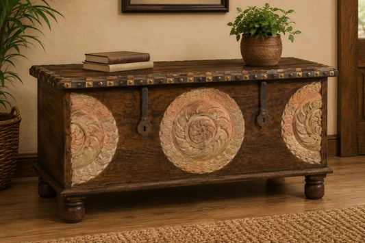 Handcrafted Wooden Storage Chest with Decorative Metal Medallions