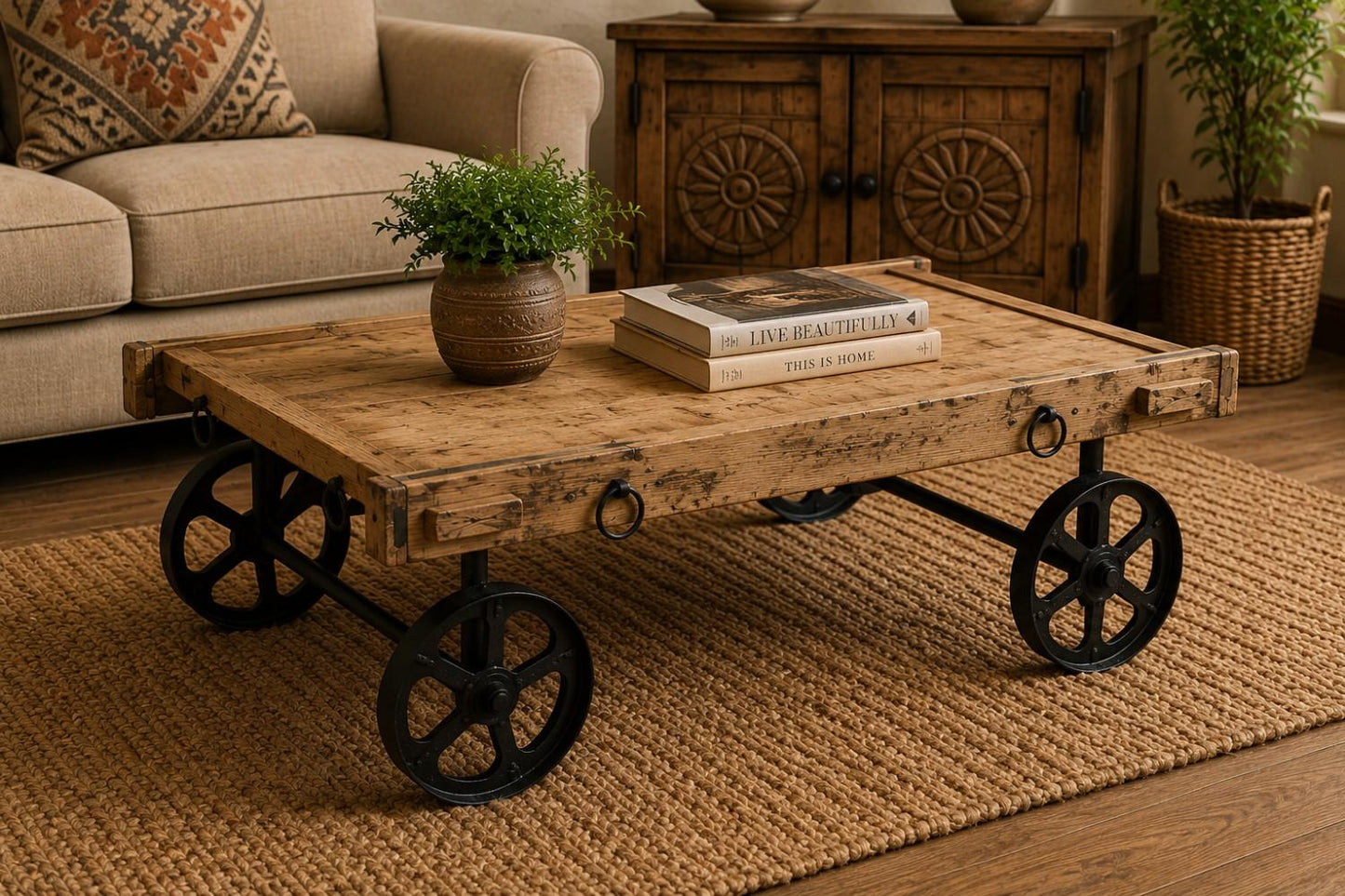 Industrial Cart-Style Wooden Coffee Table