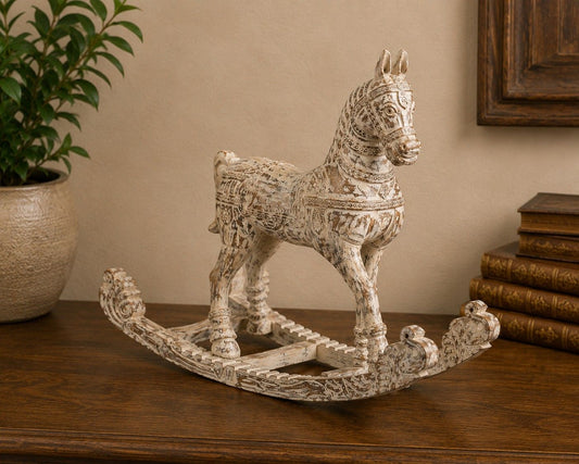 Hand-Carved Rustic Wooden Rocking Horse Sculpture