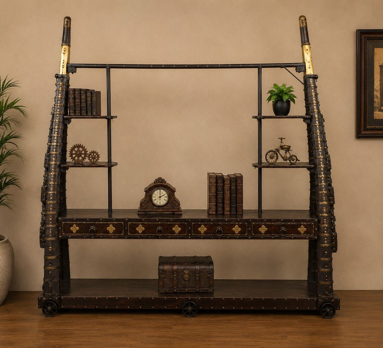 Industrial Iron & Wood Display Rack Cabinet