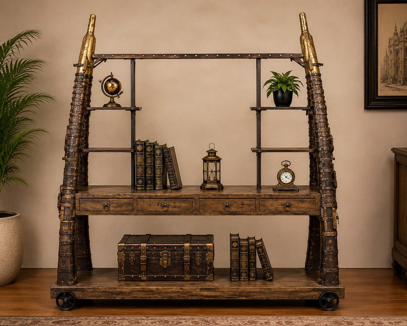 Industrial Iron & Wood Display Cabinet with Drawers