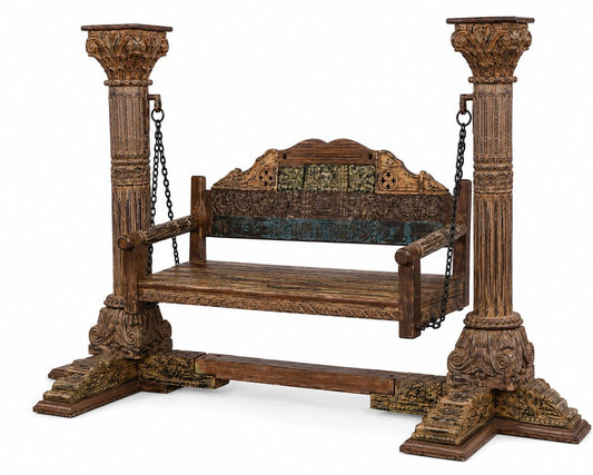 Hand-Carved Pillar Swing with Antique Finish