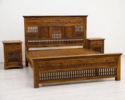 Hand-Carved Wooden Bed with Matching Side Tables