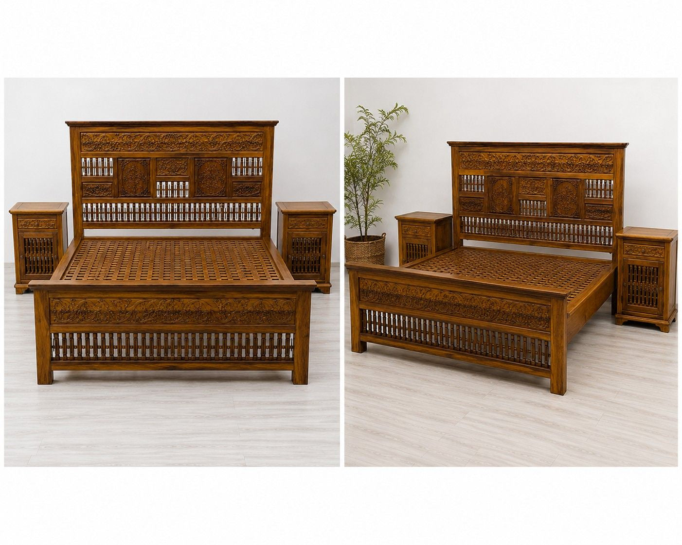 Hand-Carved Wooden Bed with Matching Side Tables