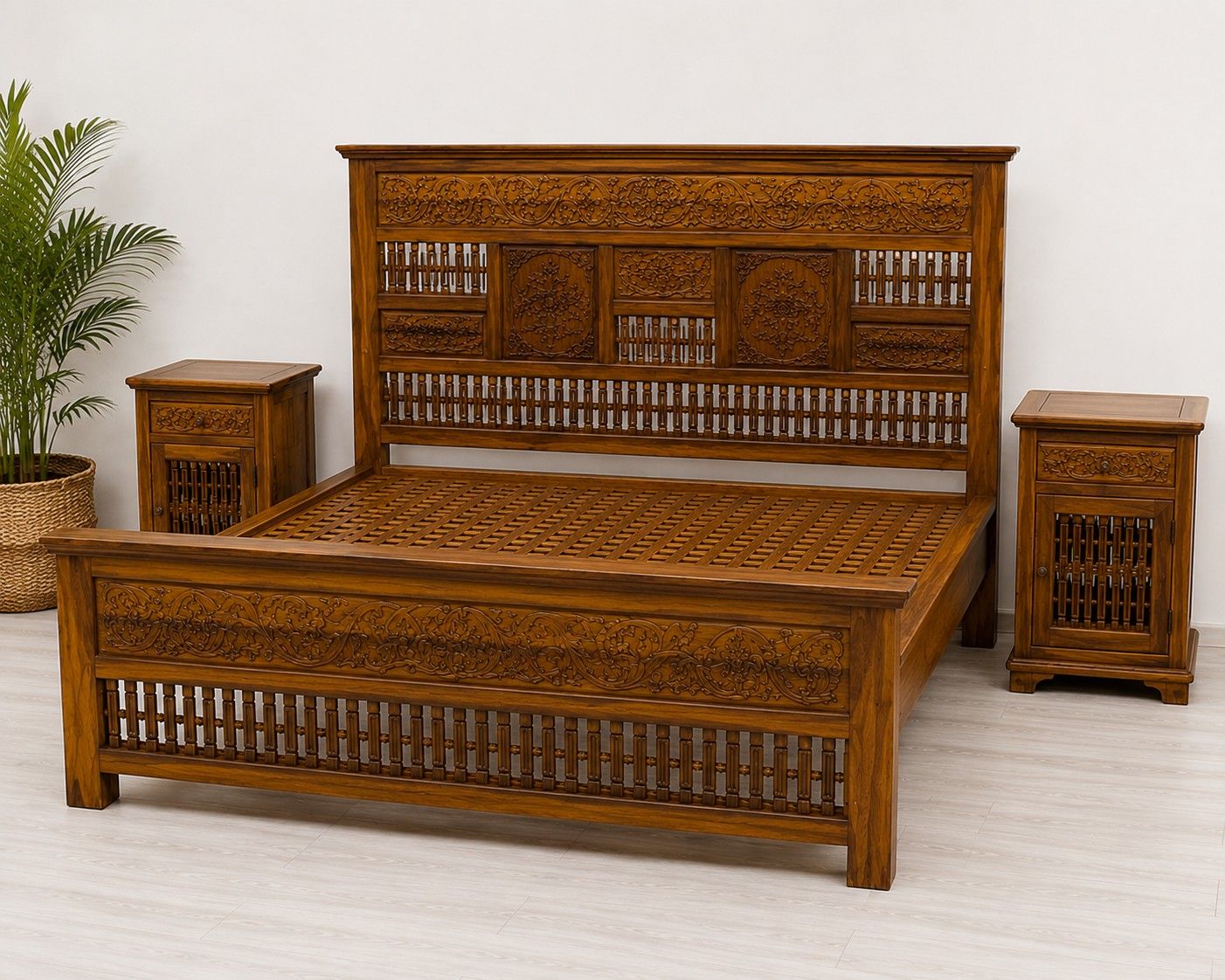 Hand-Carved Wooden Bed with Matching Side Tables