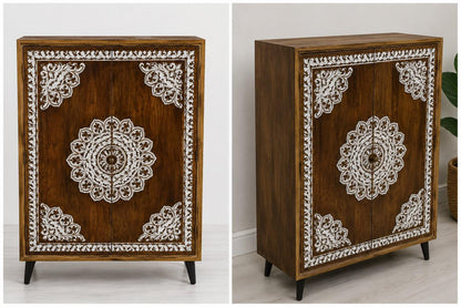 Hand-Carved Wooden Almirah with Decorative Inlay Work