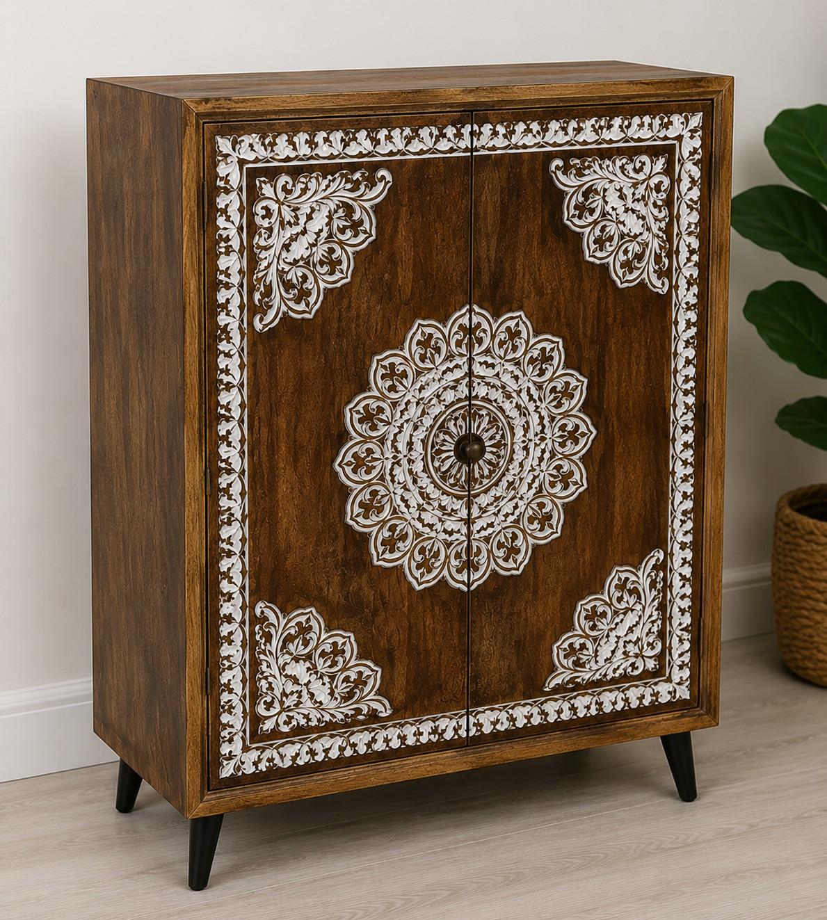 Hand-Carved Wooden Almirah with Decorative Inlay Work