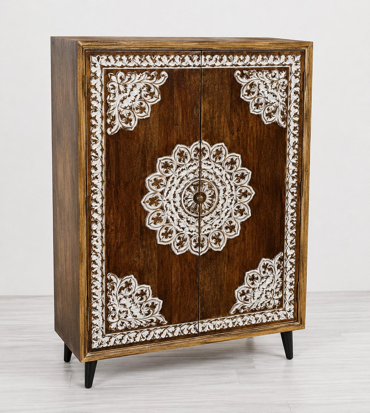 Hand-Carved Wooden Almirah with Decorative Inlay Work