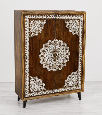 Hand-Carved Wooden Almirah with Decorative Inlay Work