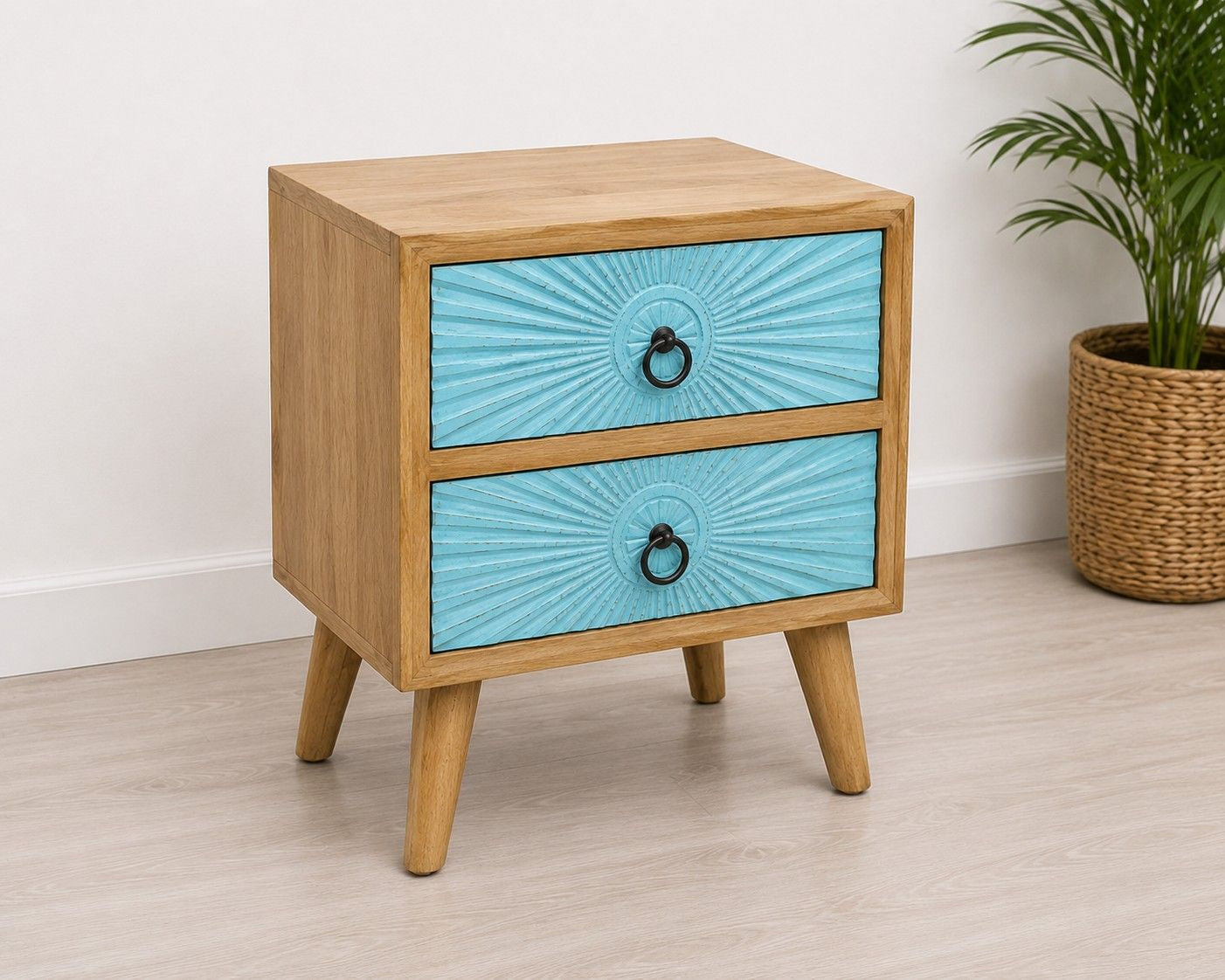 Contemporary Wooden Bedside Table with Blue Drawer Fronts
