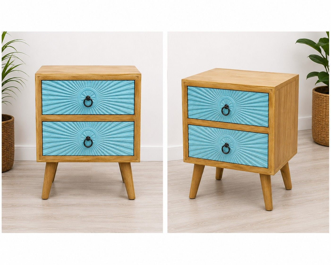 Contemporary Wooden Bedside Table with Blue Drawer Fronts