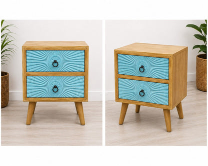 Contemporary Wooden Bedside Table with Blue Drawer Fronts