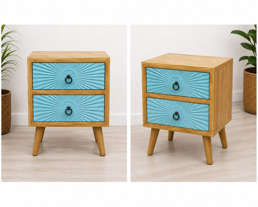 Contemporary Wooden Bedside Table with Blue Drawer Fronts