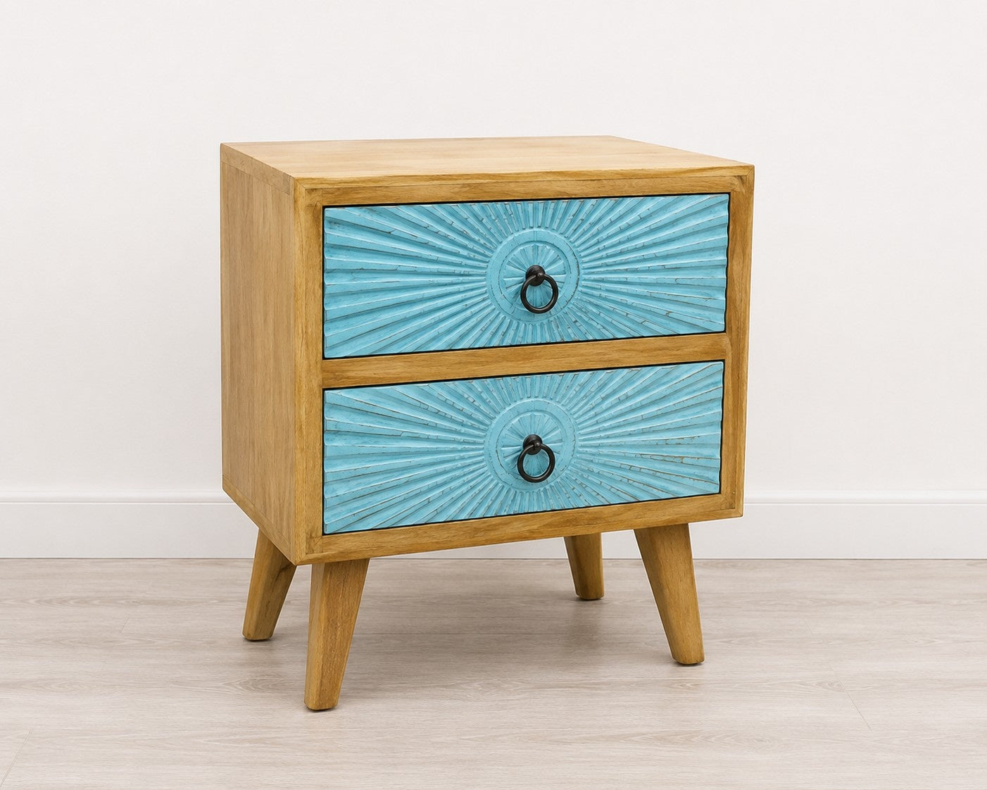 Contemporary Wooden Bedside Table with Blue Drawer Fronts