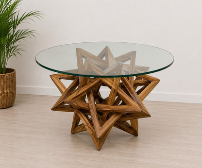 Geometric Wooden Coffee Table with Glass Top