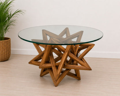Geometric Wooden Coffee Table with Glass Top
