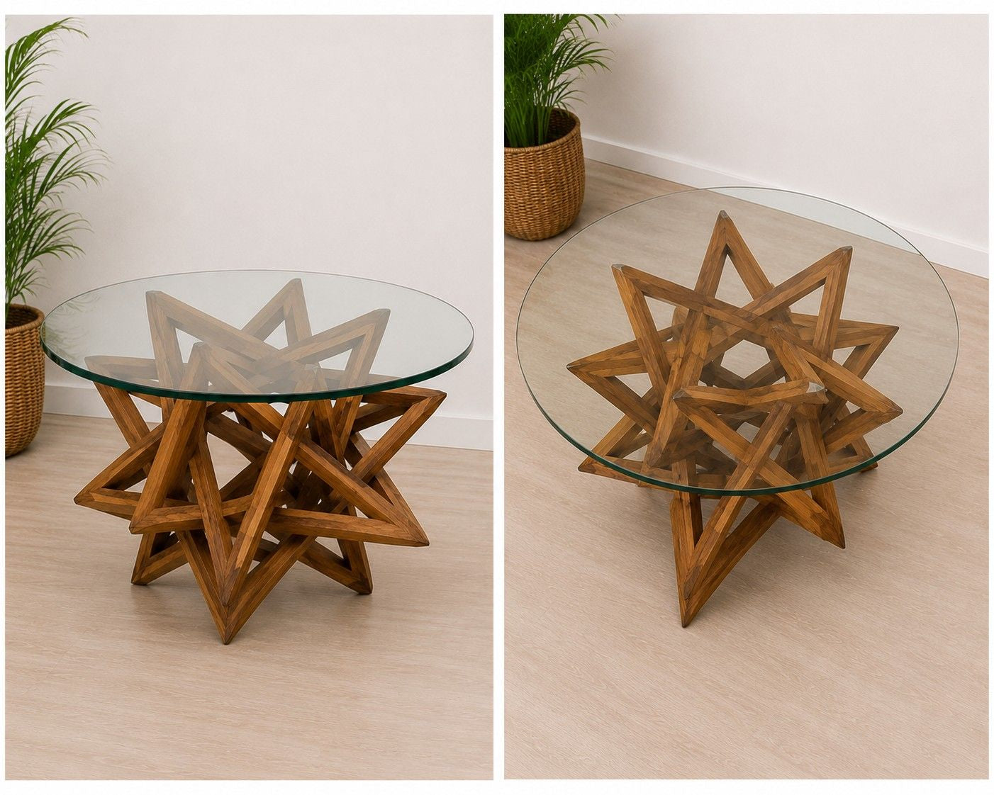Geometric Wooden Coffee Table with Glass Top