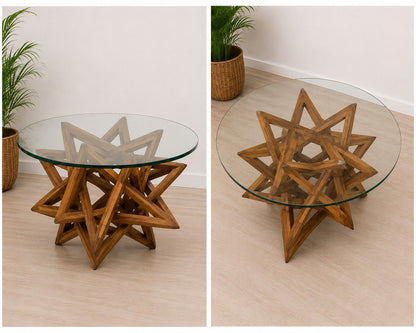 Geometric Wooden Coffee Table with Glass Top