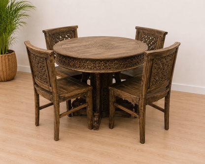 Hand-Carved Round Dining Table Set
