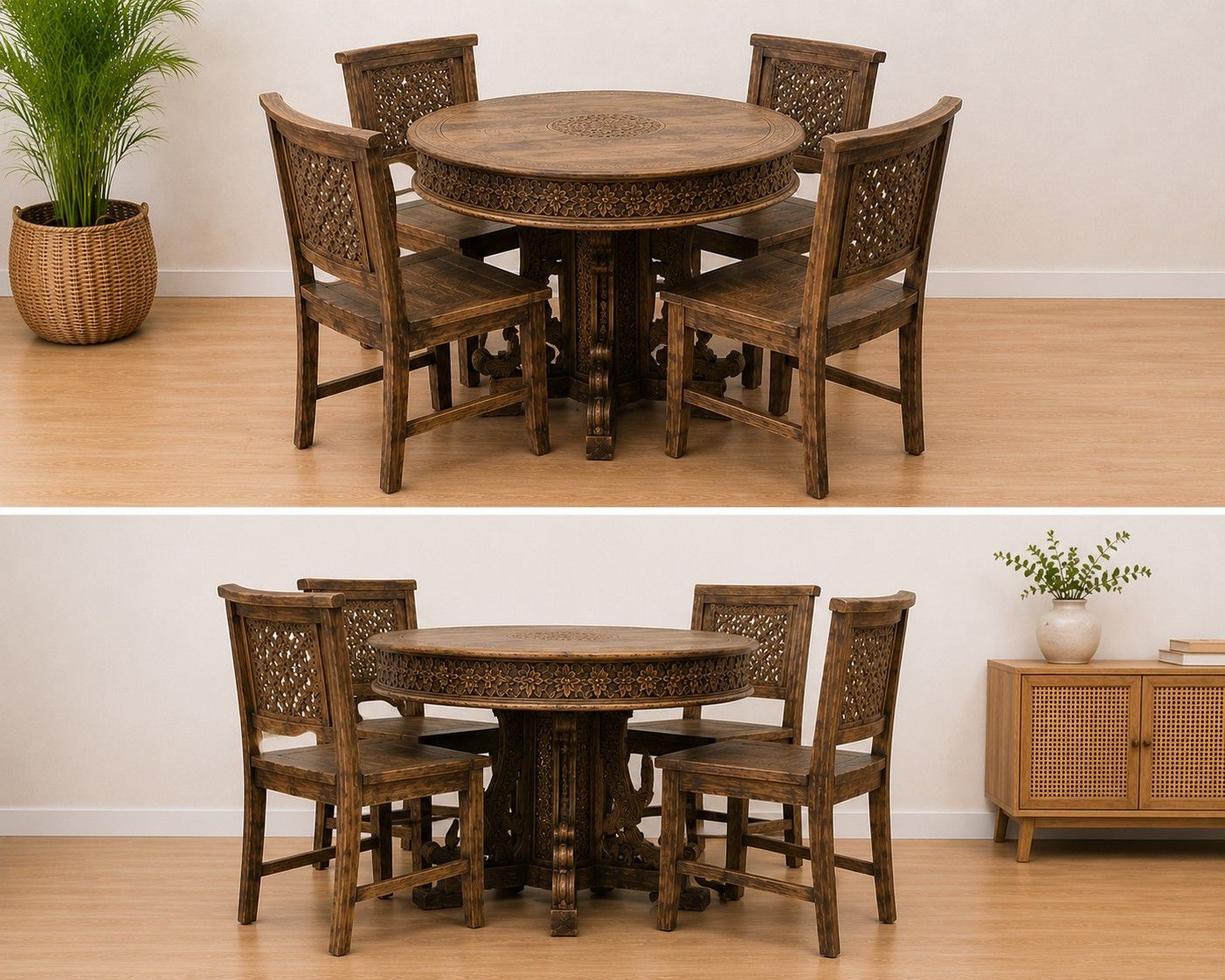 Hand-Carved Round Dining Table Set