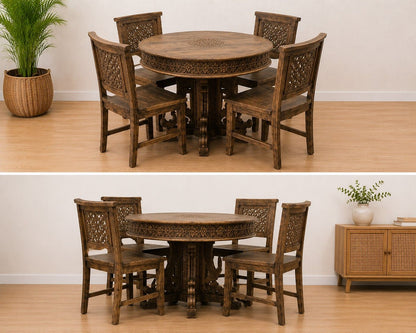 Hand-Carved Round Dining Table Set
