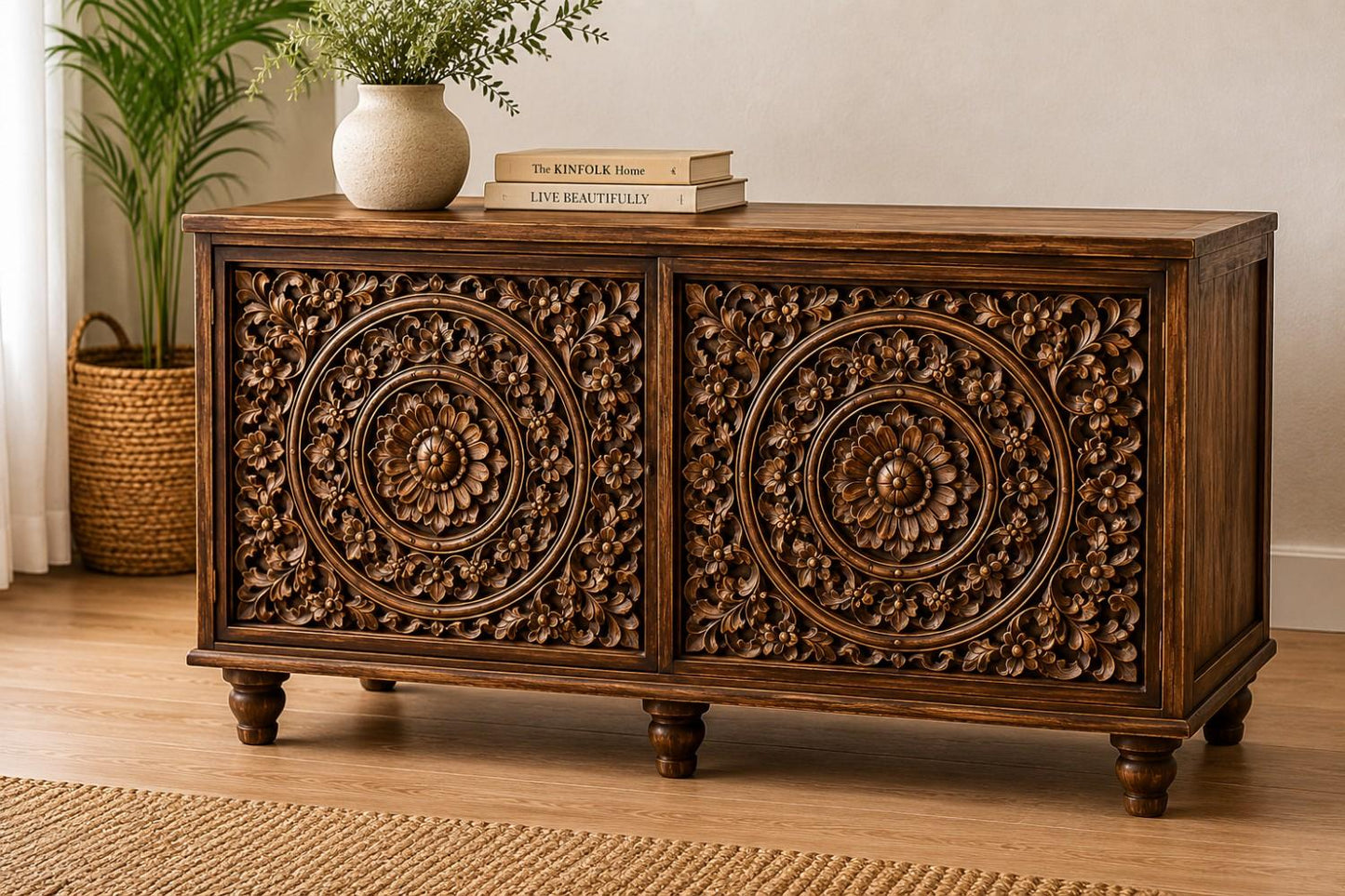 Hand-Carved Mandala Storage Cabinet