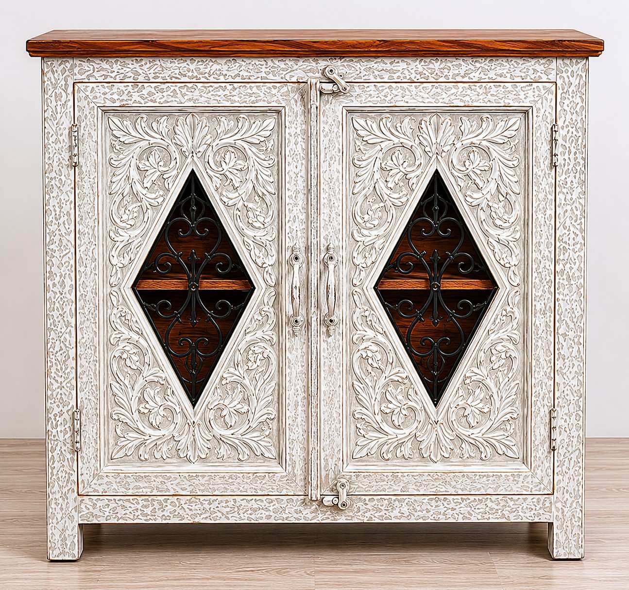 Hand-Carved Whitewash Storage Cabinet