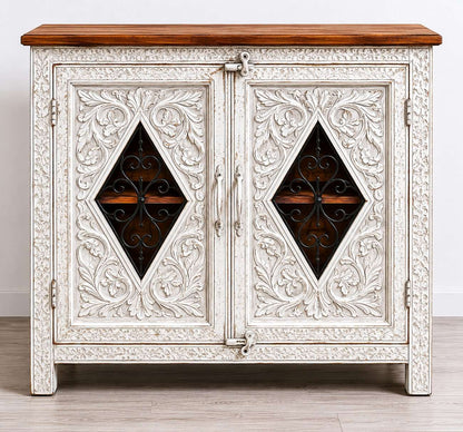 Hand-Carved Whitewash Storage Cabinet