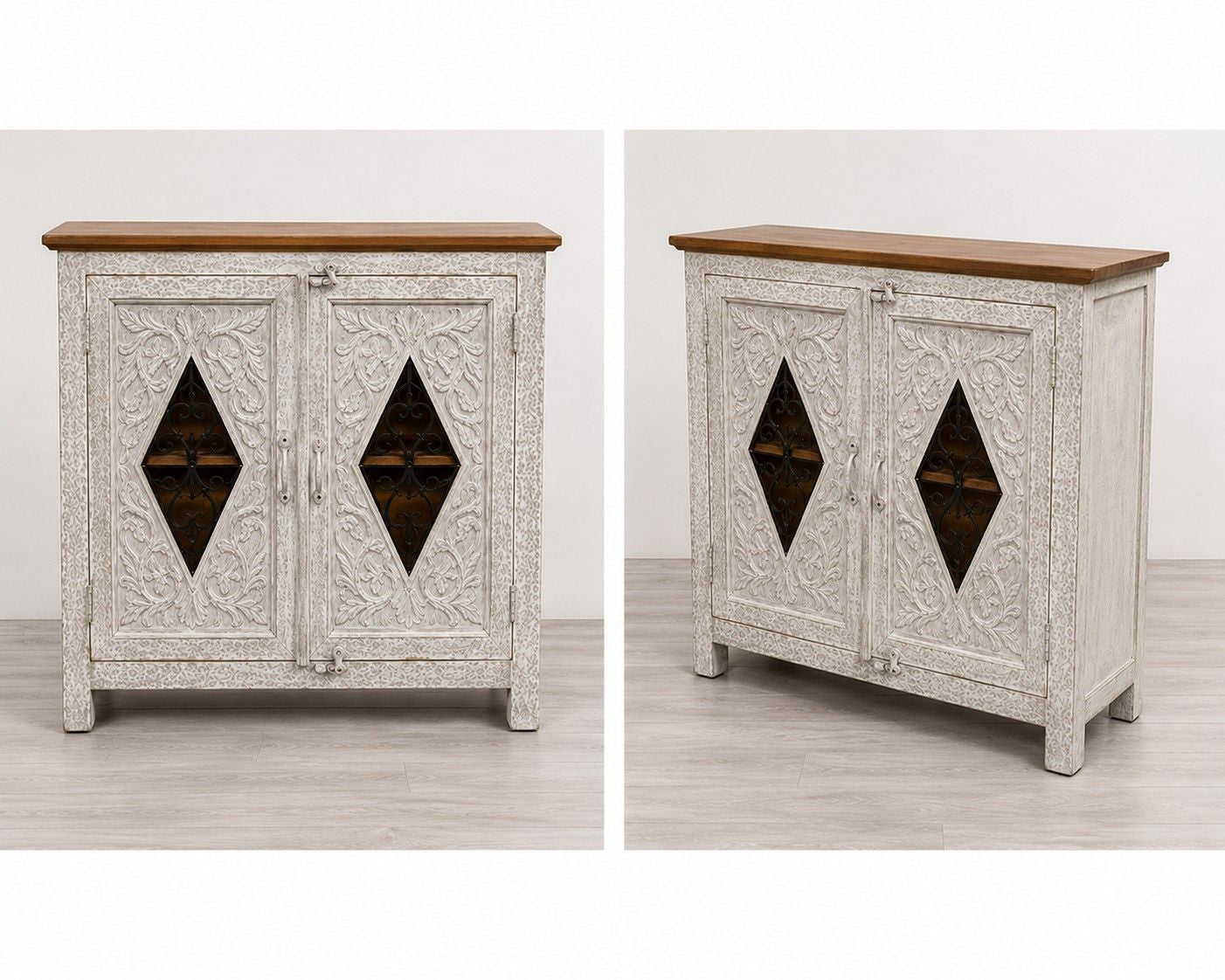 Hand-Carved Whitewash Storage Cabinet