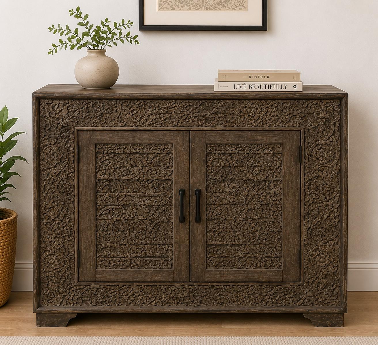 Hand-Carved Wooden Storage Cabinet