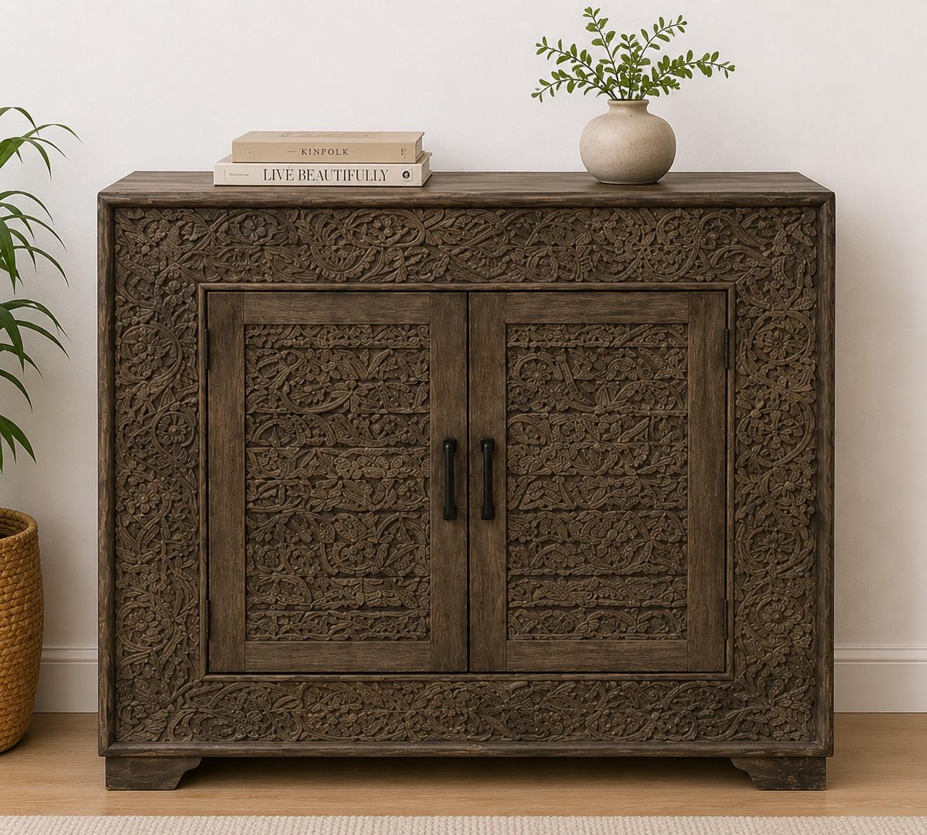 Hand-Carved Wooden Storage Cabinet