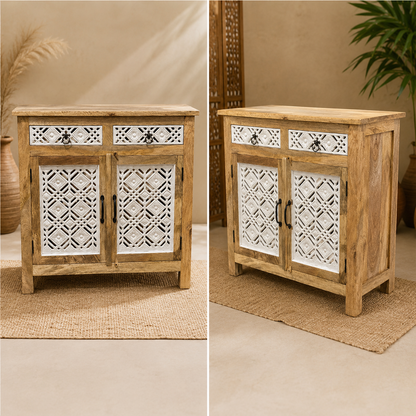 Rustic Wooden Cabinet with Carved Panel Doors